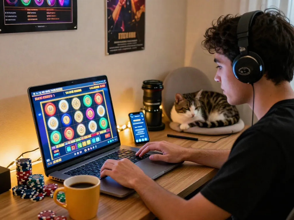 Excited player engaging in a slot gacor game on a laptop amidst a cozy gaming setup.