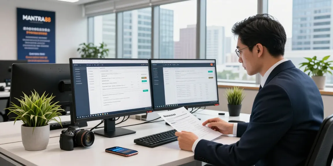 Efficient MANTRA88 login workspace showcasing a professional reviewing commercial property listings.