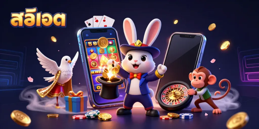 Experience the thrill of สล็อต with a magical rabbit, glamorous dove, and a playful monkey in a vibrant casino scene.
