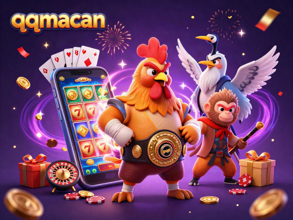 Engage with qqmacan slots featuring a vibrant 3D scene of a Muay Thai rooster and Shaolin monkey amidst casino elements.