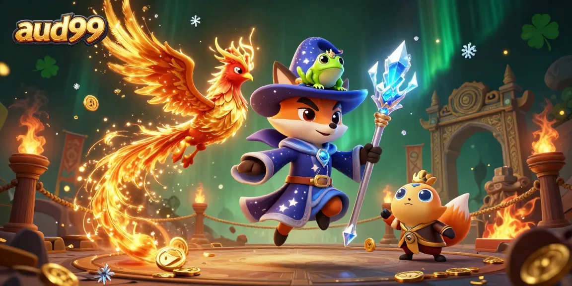 Engage with aud99 online casino gaming through a magical illustration featuring vibrant casino elements.