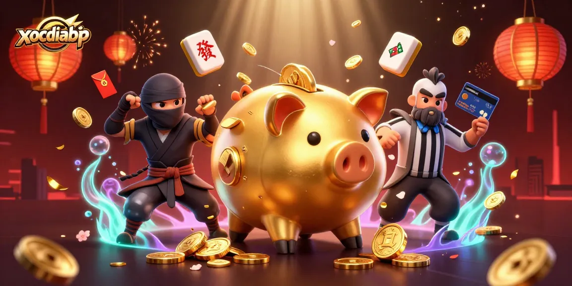 xocdiabip presents a dynamic gaming scene with a golden piggy bank wrestler and vibrant casino elements.