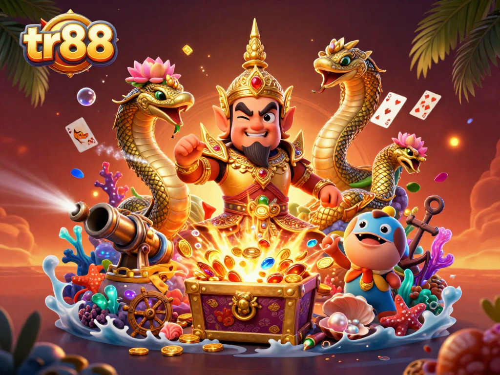 Experience winning strategies at tr88 with vibrant casino-themed illustration featuring guardian and treasure!