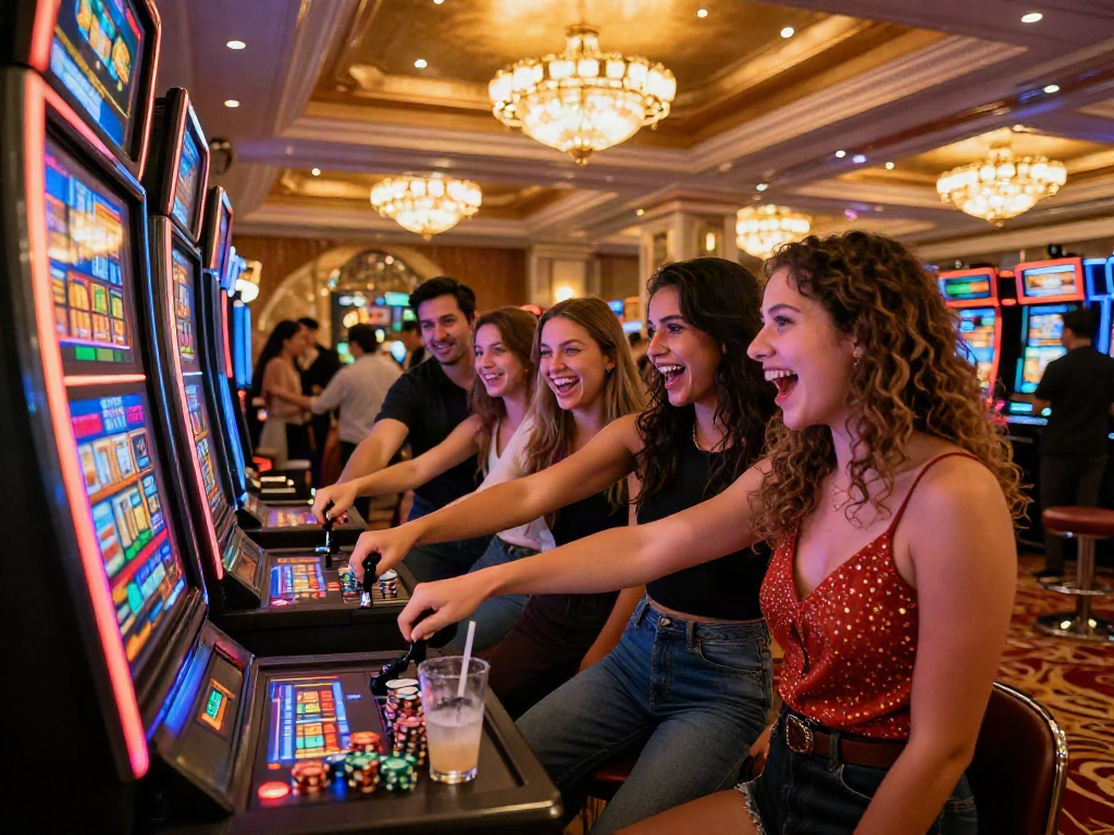 Excited group playing situs slot at a luxurious casino with vibrant lights.