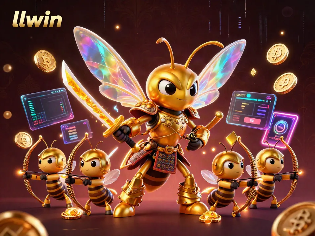 Experience the thrill of llwin with vibrant 3D visuals of a golden hornet in samurai armor and crypto elements.