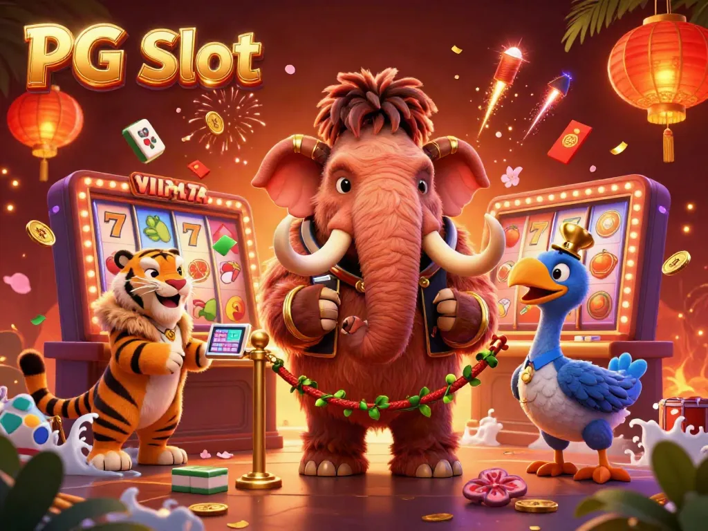 Ilustrasi PG Slot menampilkan mammoth kasino, harimau VIP, dan burung dodo di latar belakang yang meriah.