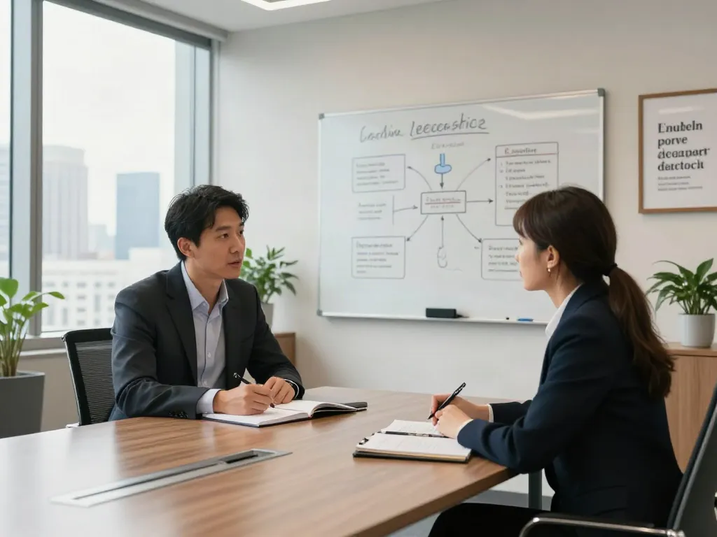 PedroVazPaulo Executive Coaching session with a focused executive and coach discussing strategies in a modern office setting.