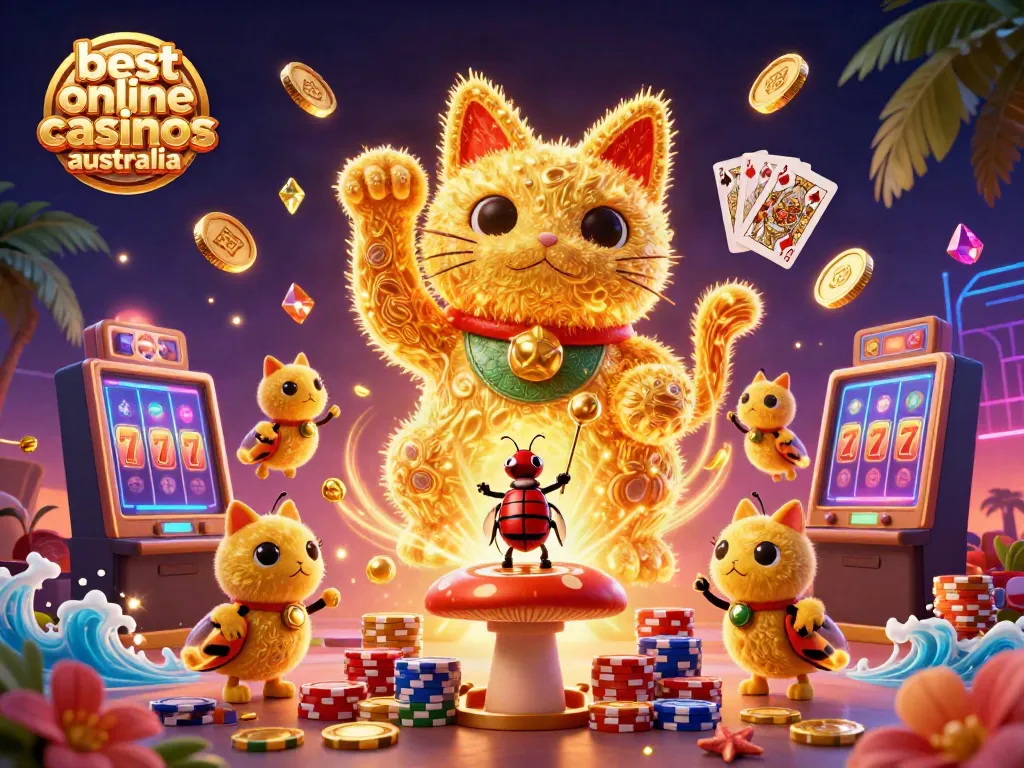 Experience the magic of the best online casinos australia with vibrant golden fireflies and dynamic casino symbols.