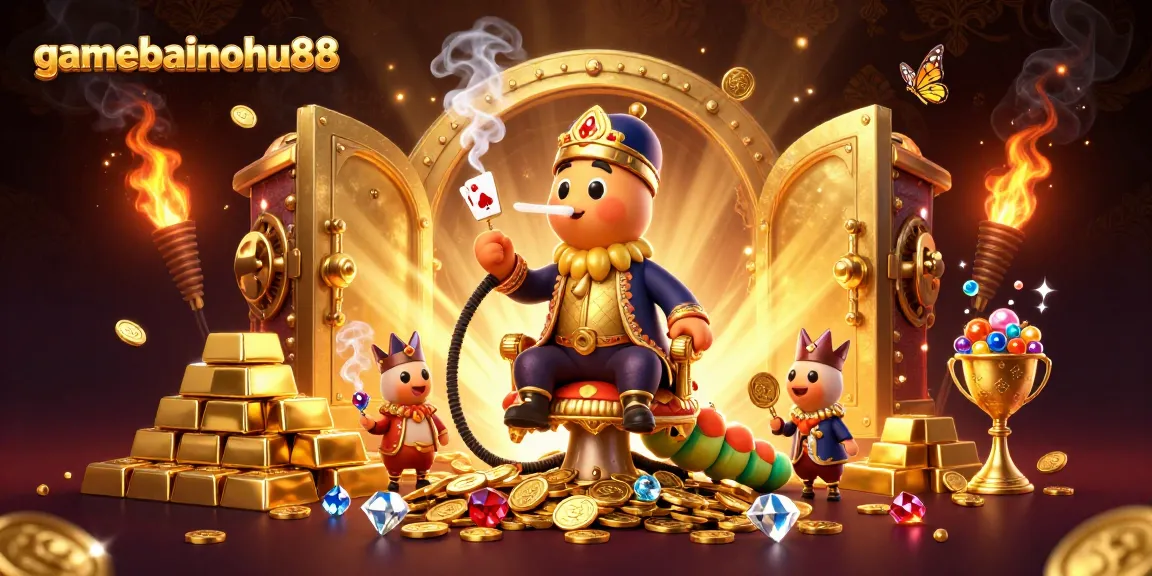 Engage with gamebainohu88 in a vibrant 3D scene featuring a quirky caterpillar smoking with poker symbols, golden treasures
