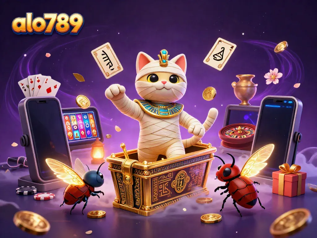 Play the exciting games at alo789, featuring a mummy cat and scarab in a golden casino.