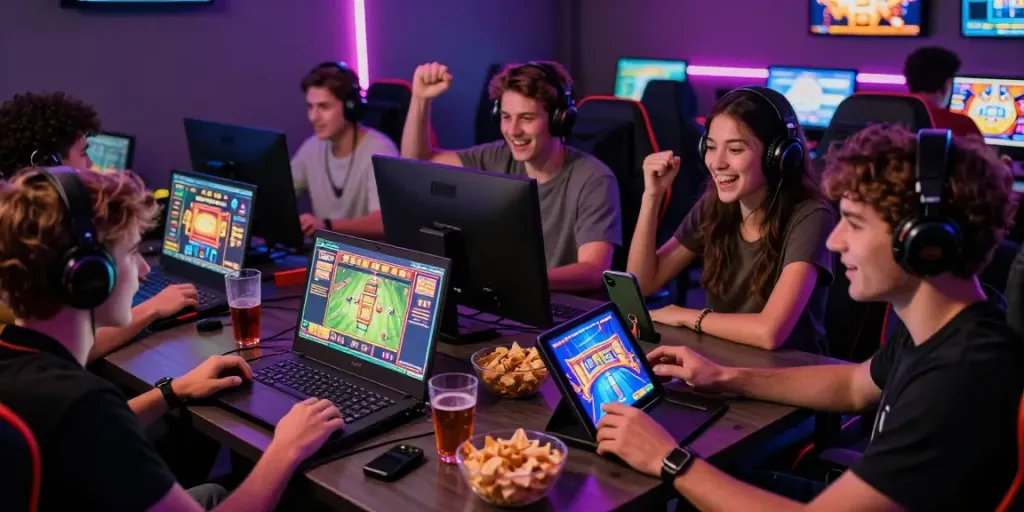 Pengalaman bermain slot gacor gampang menang di lounge modern, dengan teman-teman menikmati permainan dengan perangkat gaming terbaru.