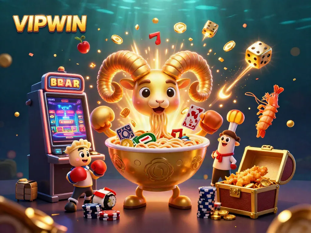 Experience the excitement at VIPWIN with a lively casino scene featuring a golden ramen bowl character and cheering tempura shrimp.