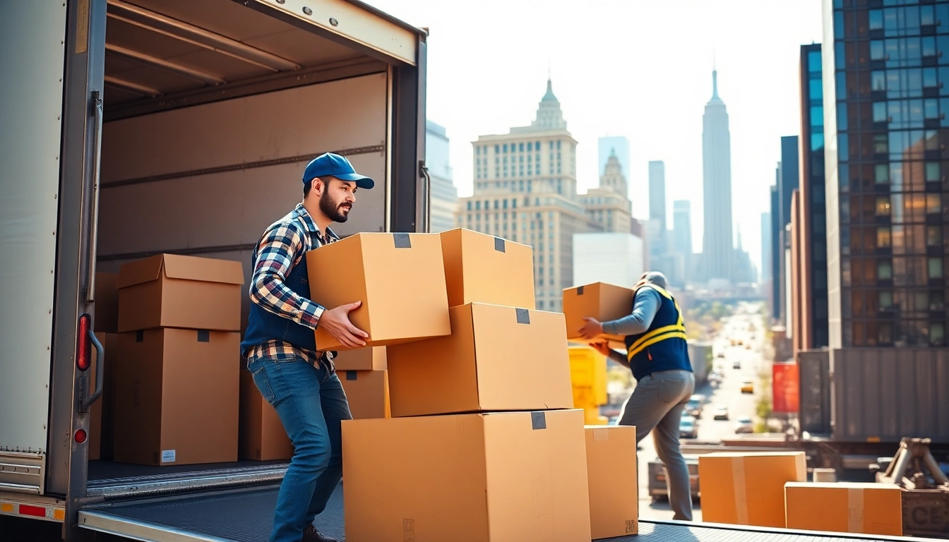 Efficient packers and movers new York loading boxes in front of a NYC skyline.