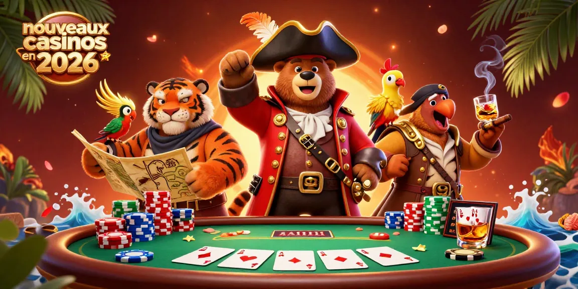 Nouveaux casinos en ligne 2026 : Illustration captivante d'un ours pirate avec un tigre et un perroquet autour d'une table de poker remplie de jetons colorés.