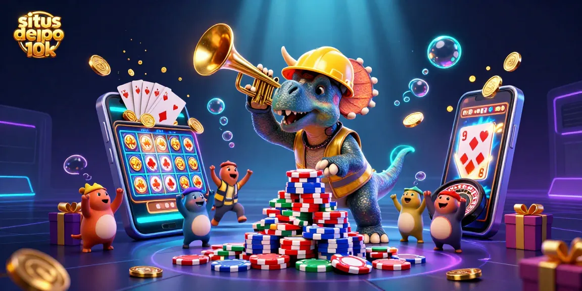 Situs depo 10k dengan permainan slot dan koin emas berkembang di sekitar triceratops dan parasaurolophus.