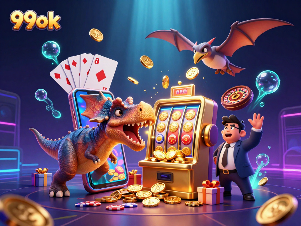 Experience excitement at 99ok with a cartoon dinosaur and jackpot coins in a lively casino scene.