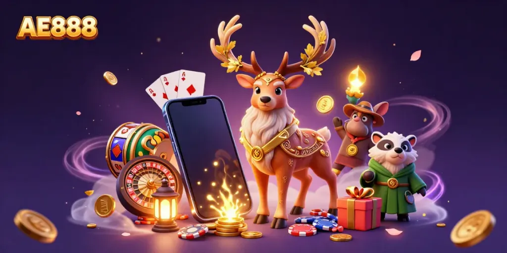 Join AE888 for thrilling slot adventures with magical characters amidst vibrant gaming elements.