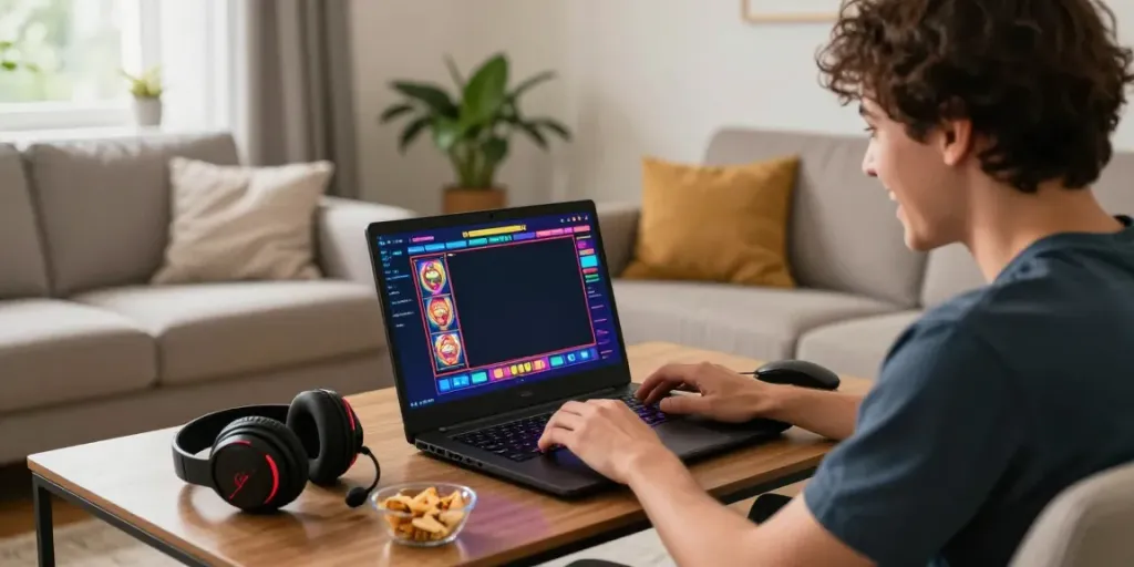 Exciting scene of a player engaging with slot games on a laptop in a cozy living room.