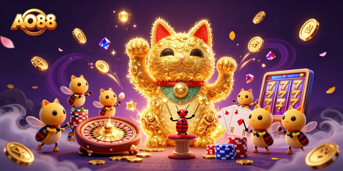 AO88 showcases golden fireflies forming a lucky cat amidst casino symbols, embodying vibrant gaming excitement.