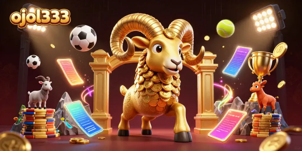 Experience gaming excitement with ojol333 featuring golden ram, sports elements, and dynamic visuals.
