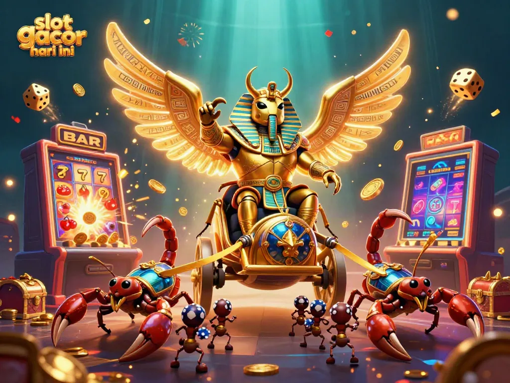 Experience slot gacor hari ini with a vibrant 3D casino scene featuring epic characters and a jackpot explosion.