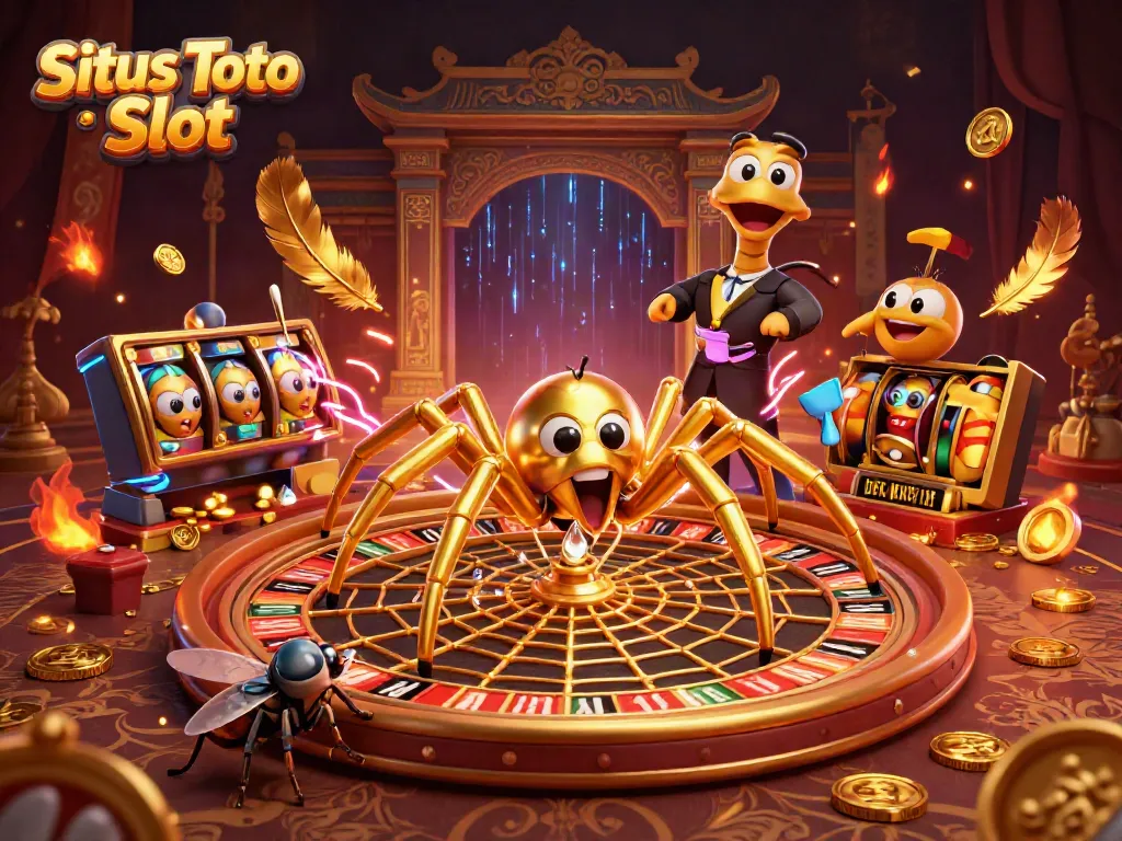 Memutar taruhan di Situs Toto Slot dengan ilustrasi laba-laba dan dealer serangga.