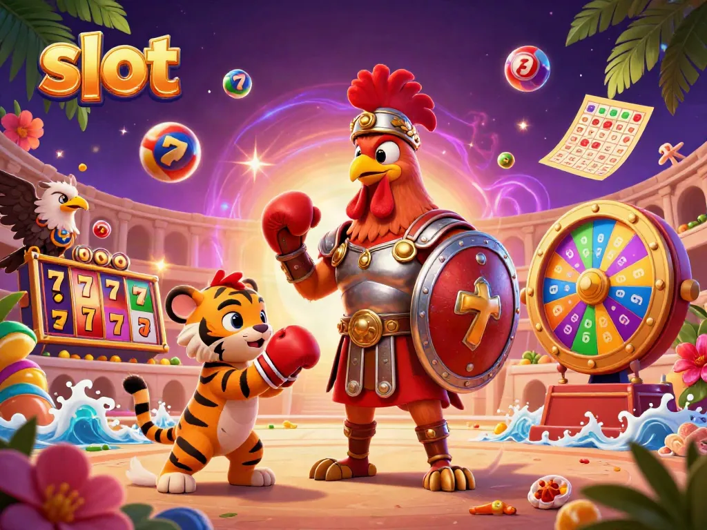 Engage with slots as a battle-ready gladiator rooster faces off against a cub in an epic arena.