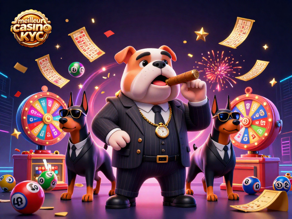Plongez dans le meilleur casino sans KYC avec un bulldog mafia en costume entouré de ballons colorés et d'éléments de jeu.
