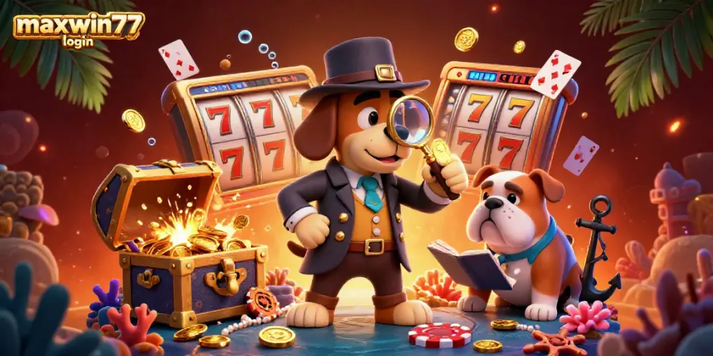 Engage with maxwin77 login as a detective bloodhound discovers poker chip treasure in vibrant underwater casino.