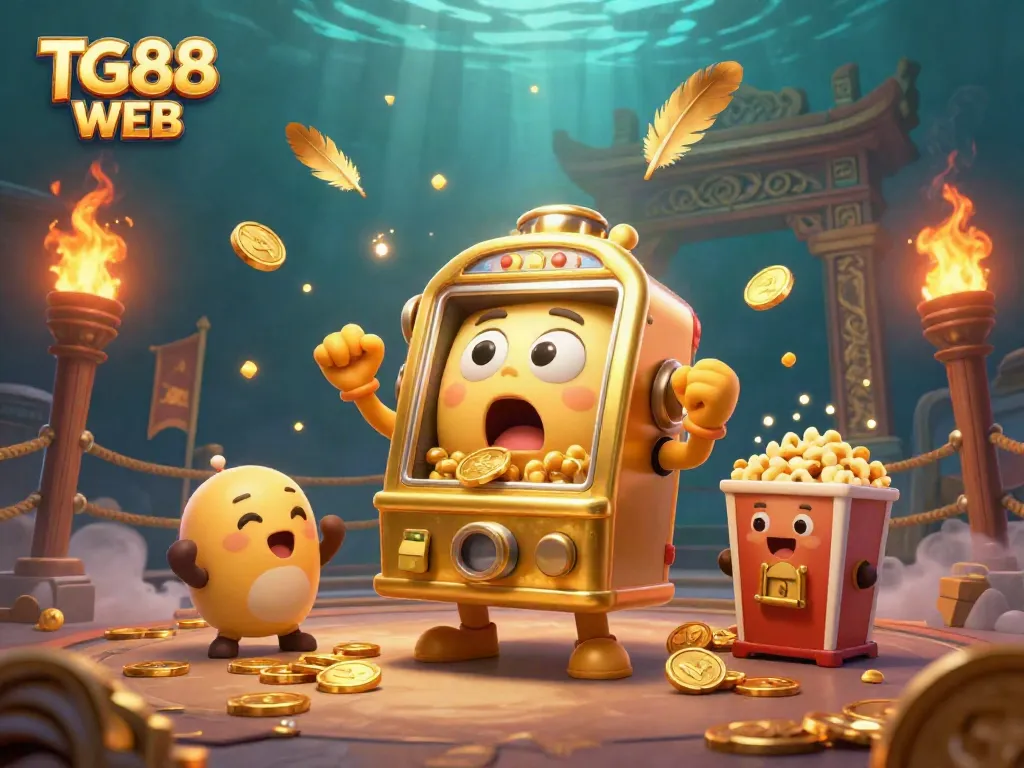 Experience the excitement of TG88 WEB as golden slot machines celebrate huge jackpots amidst a vibrant casino scene.