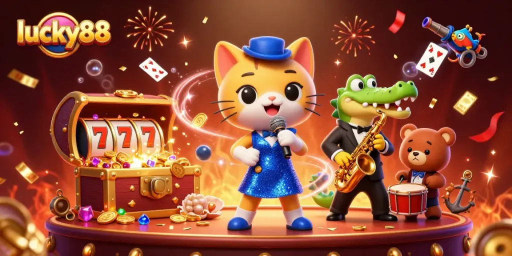 Join the fun with lucky88 as a jazz-singer cat and friends celebrate in a lively casino scene.