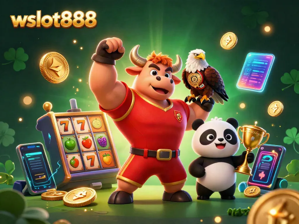 Merayakan kemenangan di wslot888, banteng maskot 3D, elang, dan panda kecil dikelilingi simbol slot dan koin crypto.