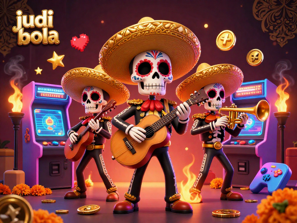 Engage with judi bola in vibrant 3D illustration featuring mariachi skeletons amidst arcade elements.