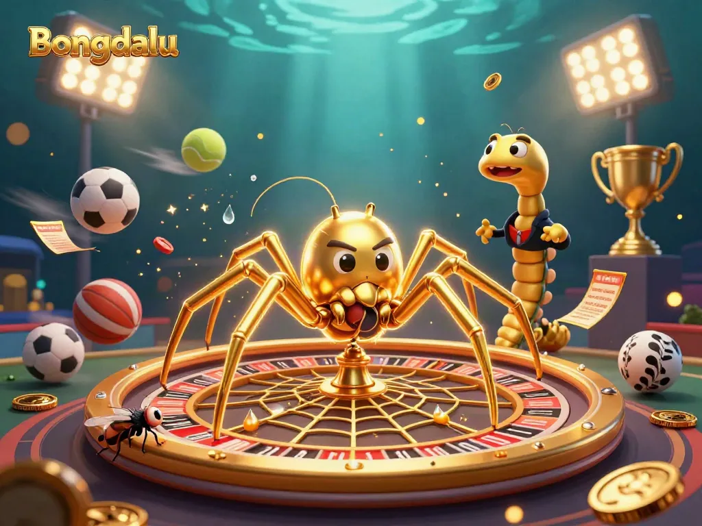 Bongdalu features a dynamic gambling scene with a cartoon spider and sports elements illustrating online betting.