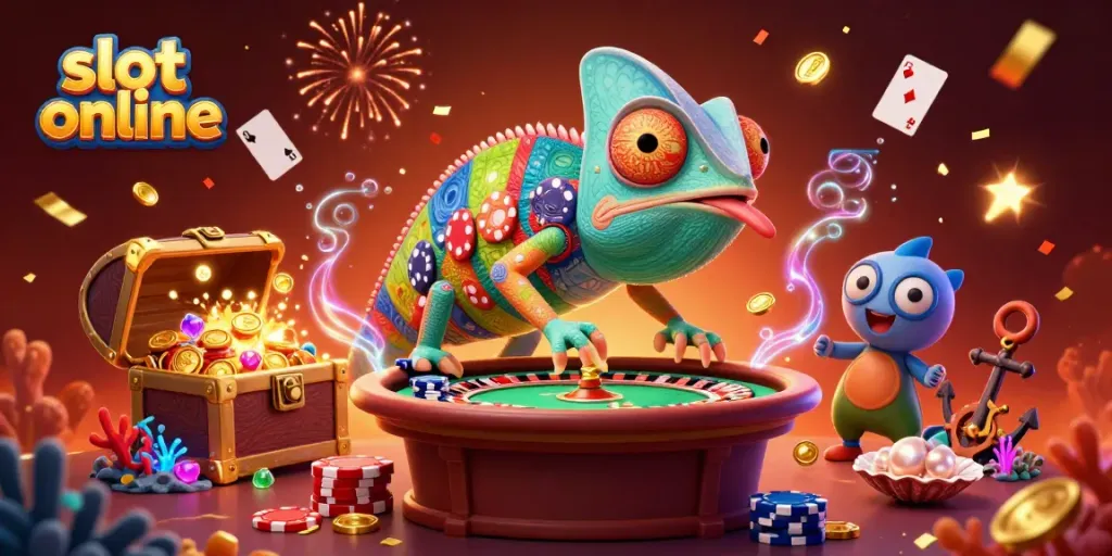 Engage with slot online excitement as colorful characters celebrate around a treasure-filled casino