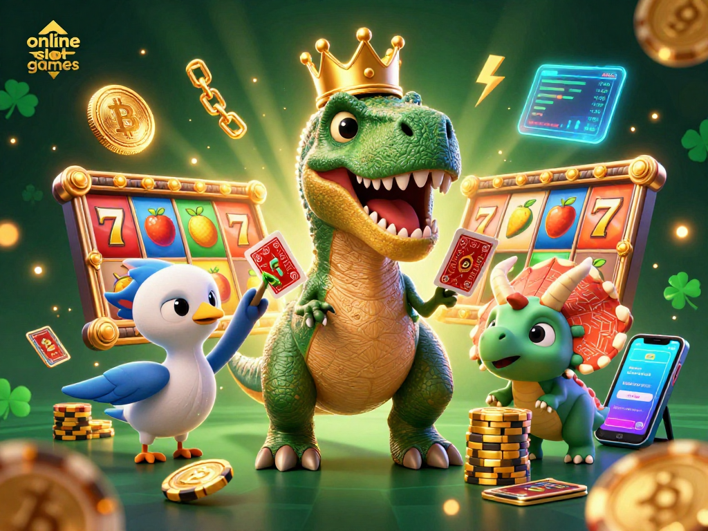Engage with online slot games featuring a friendly dinosaur theme in a vibrant casino scene.