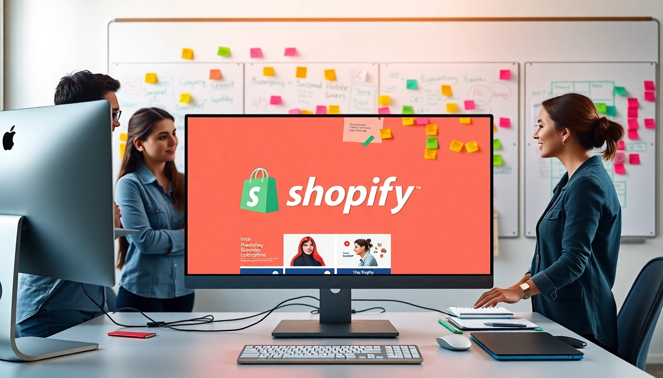 Team working on Shopify website development services with vibrant interface and collaborative energy.