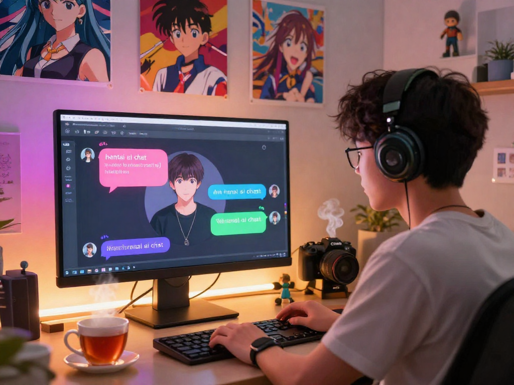 Interactive scene showing a user avatar engaged in a hentai ai chat with animated AI character, surrounded by anime decor.