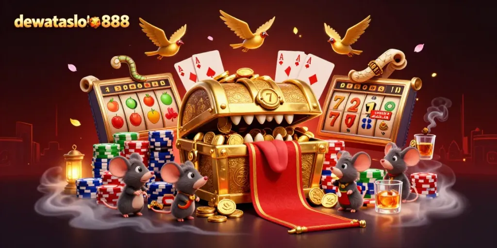 Ilustrasi 3D kasino yang menampilkan dewataslot888 dengan karakter unik dan simbol keberuntungan.