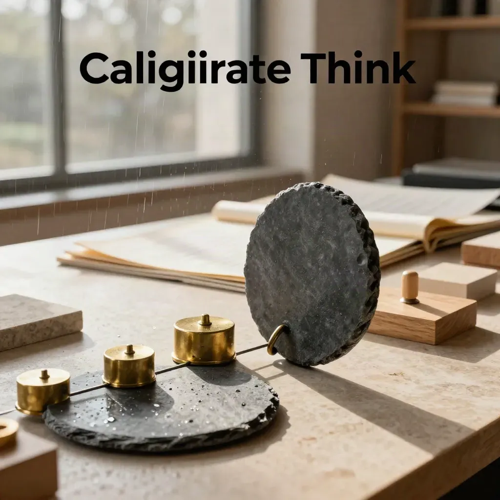 Slate decision discs and brass weights in a moody strategy studio after rain.