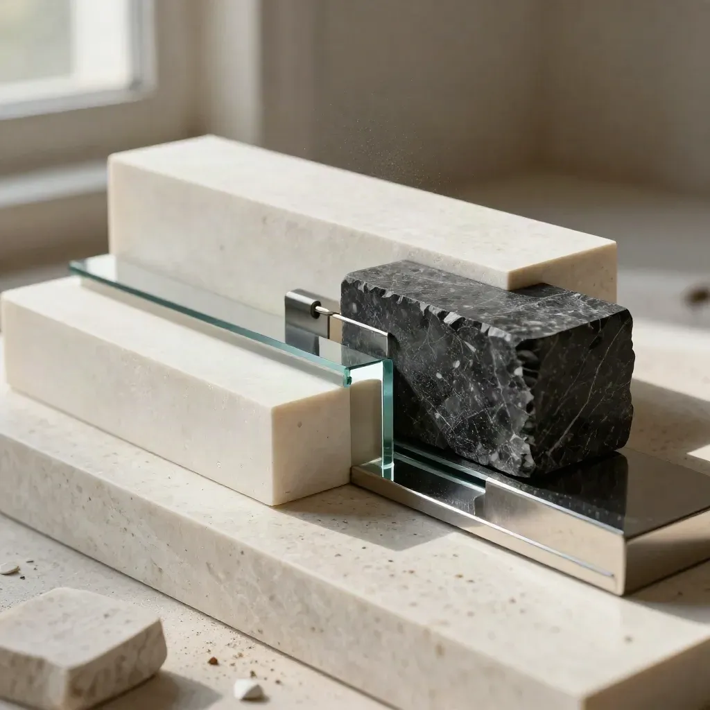 Low-angle bias-training sculpture of white blocks, steel forms, and a dark piece revealing a clear path.