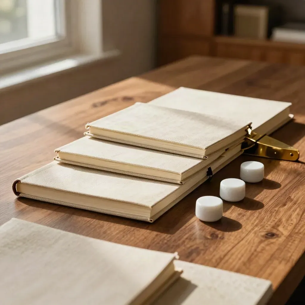 Strategy notebooks, brass wedge, and white paperweights aligned on warm walnut in soft window light.