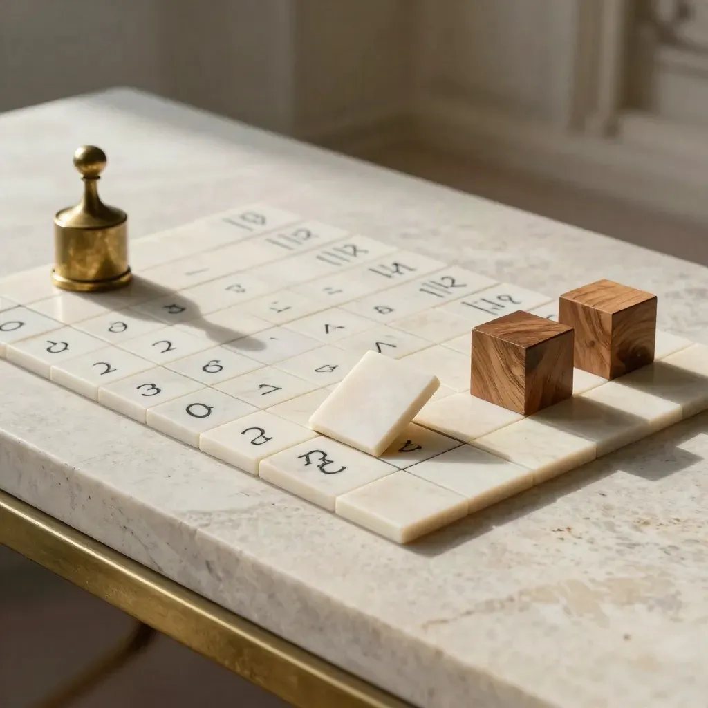 Ivory decision tiles, brass weights, and wood blocks locking into place on pale stone.