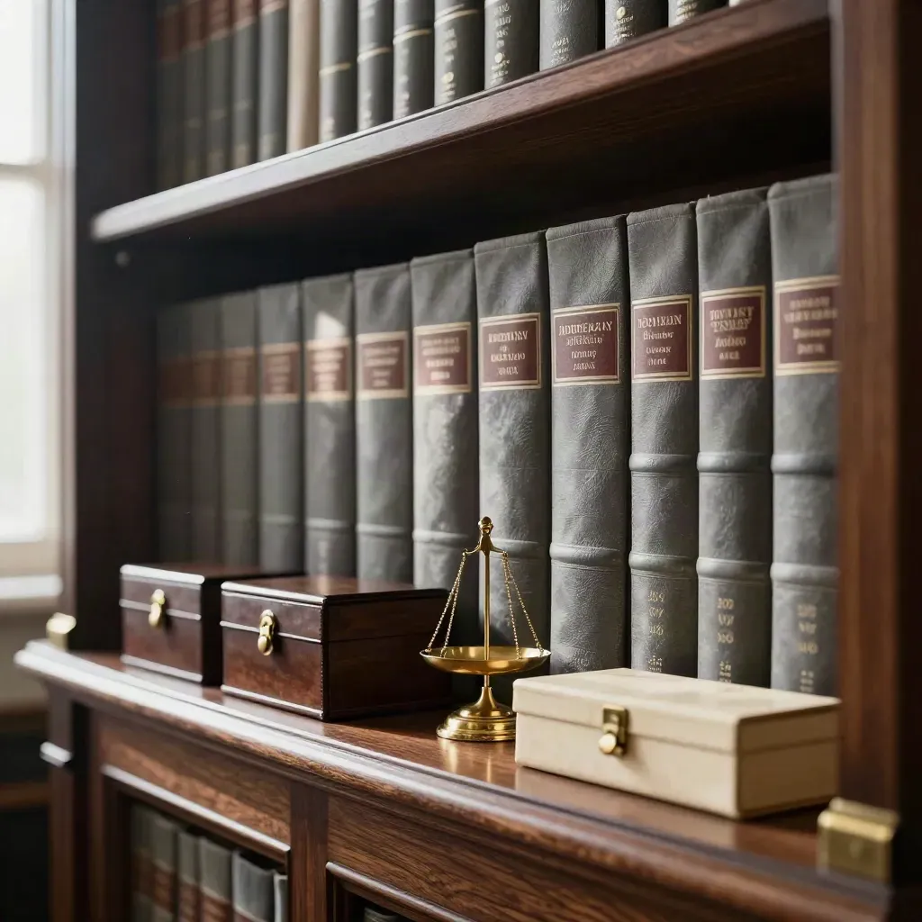Law library shelf with bound volumes, brass scale, and leather cases in warm window light.