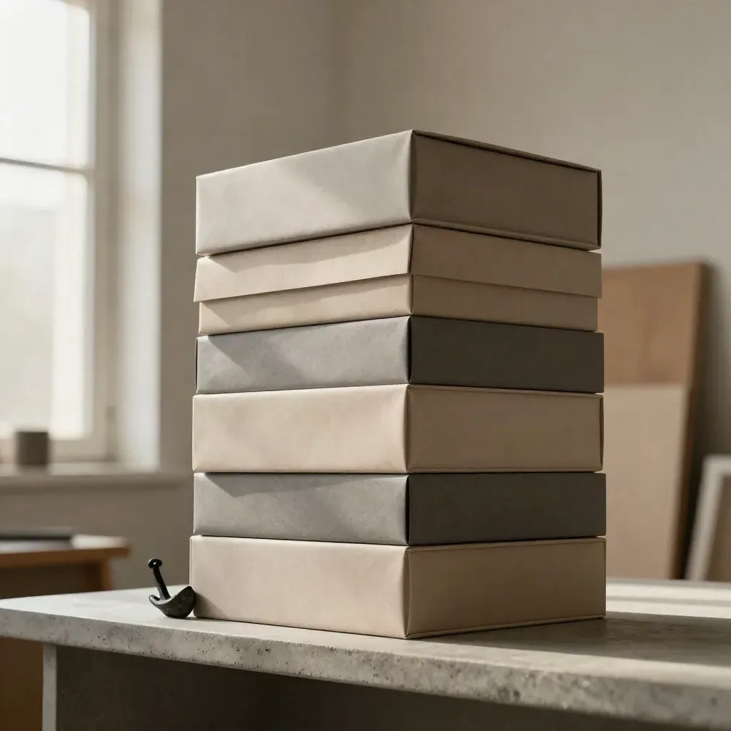 Stacked prototype boxes and one anchor stone on a concrete shelf in warm window light