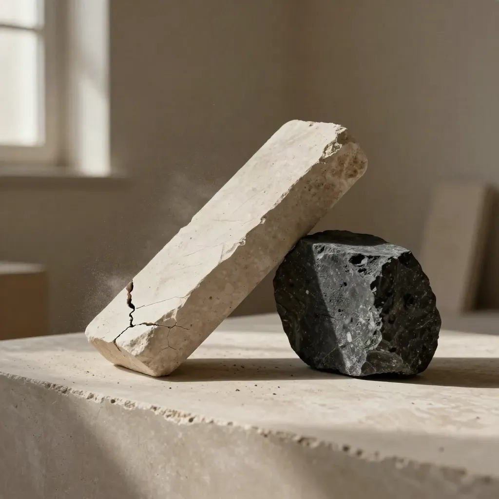 Stone lab arrangement showing bias corrected into a cleaner path on a plaster ledge.