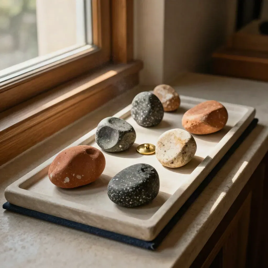 Overhead tray of six stone markers converging on a brass token in a sunlit planning room