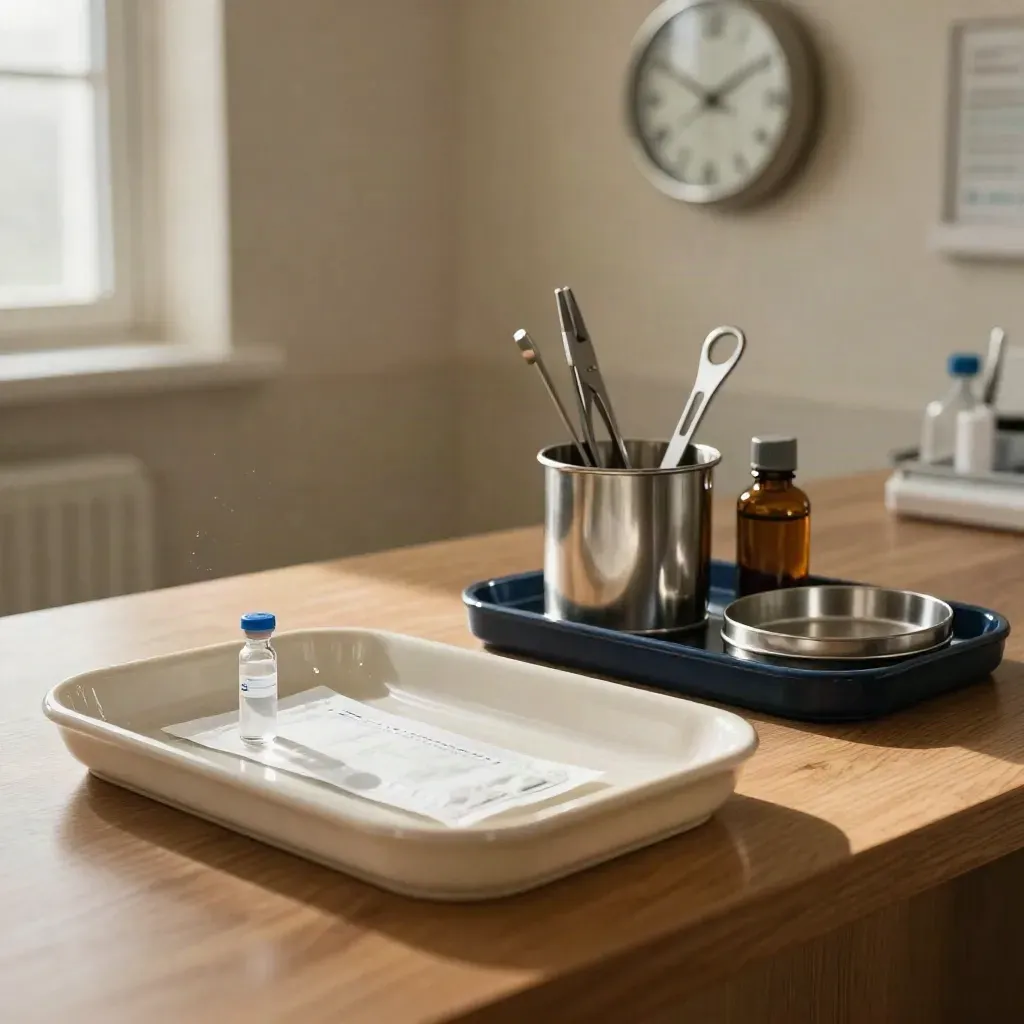 Glazed clinic trays, steel instrument caddy and blurred wall clock in warm window light