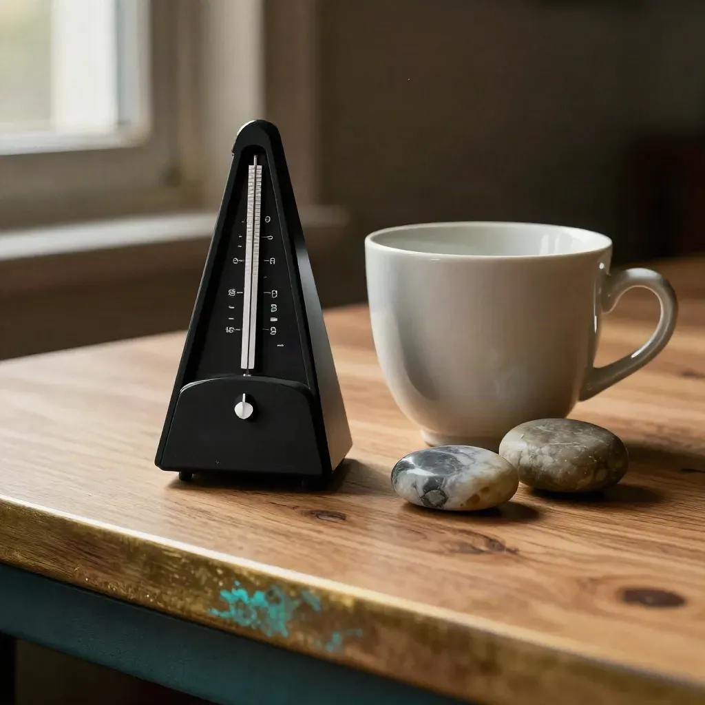 Metronome, ceramic cup and coaching stones on pale wood in dramatic side light.