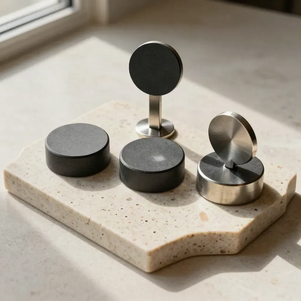 Slate token, date marker, and stone plan tray on pale travertine, top-down and symmetrical.
